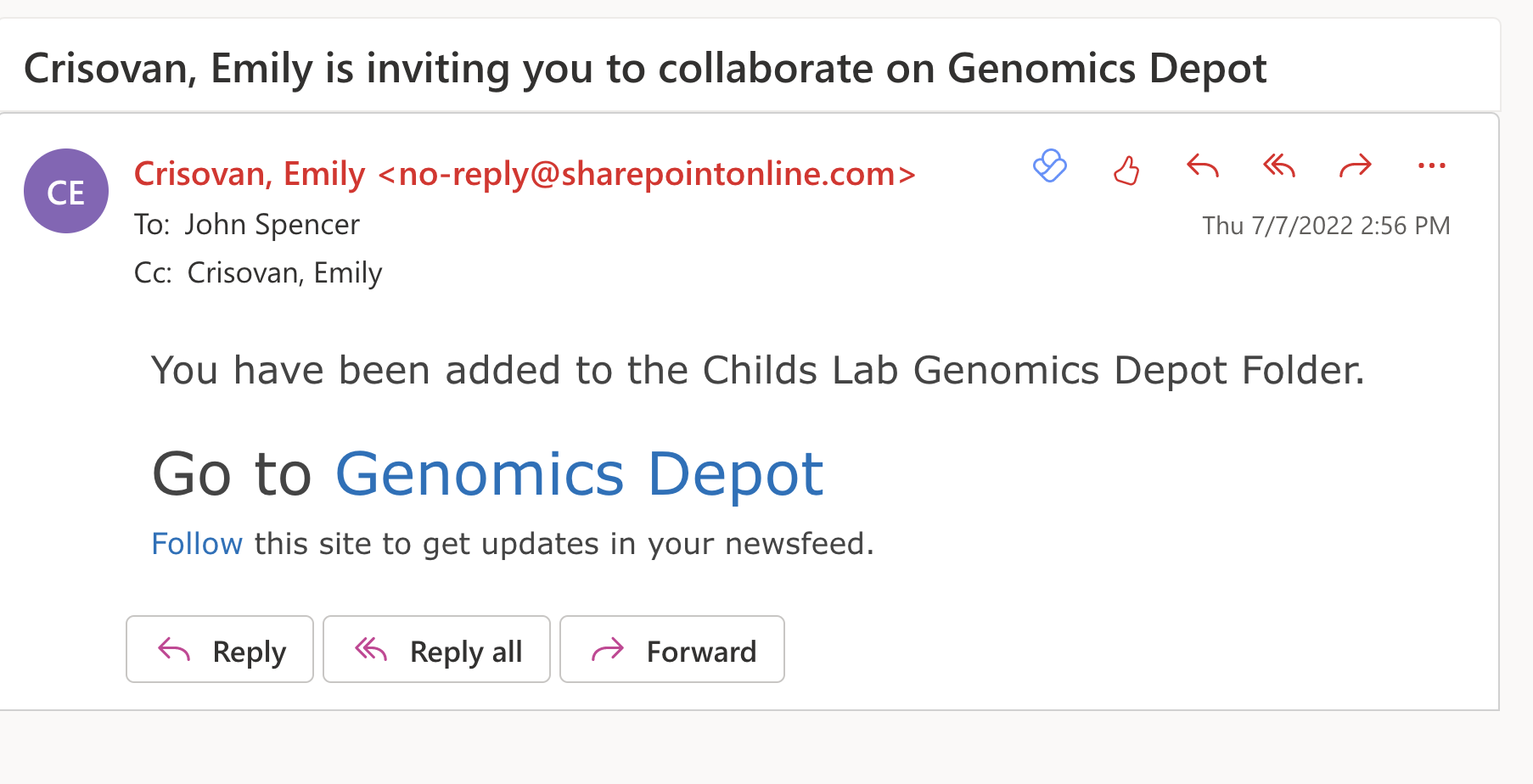 image of Genomics Depot invitation email