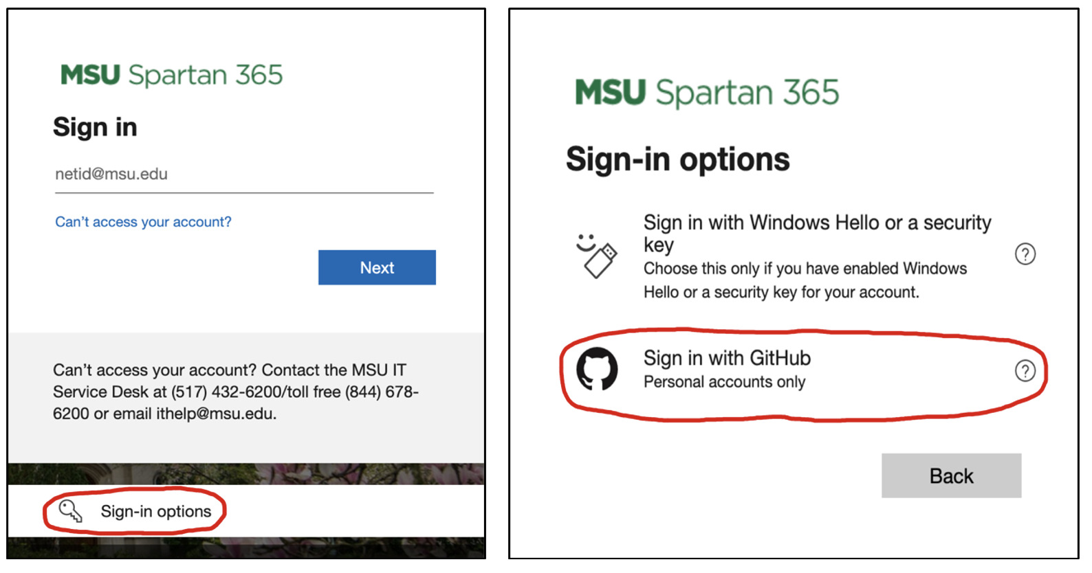 images of off-campus sign-in (left) and GitHub sign-in (right).